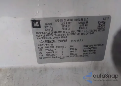 2017 Chevrolet Tahoe Lt z USA, uszkodzony, nr VIN 1GNSKBKC8HR240305